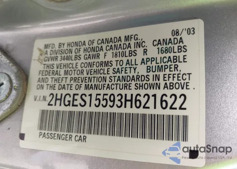 2003 Honda Civic Lx from USA, damaged, VIN 2HGES15593H621622